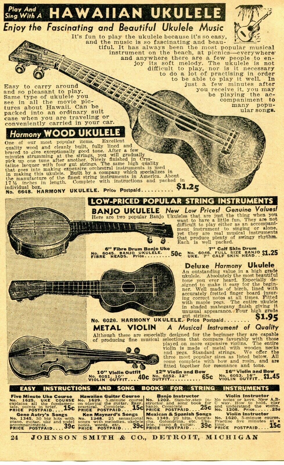 1938 small Print Ad of Hawaiian Ukulele, Deluxe Harmony & Banjo Ukulele