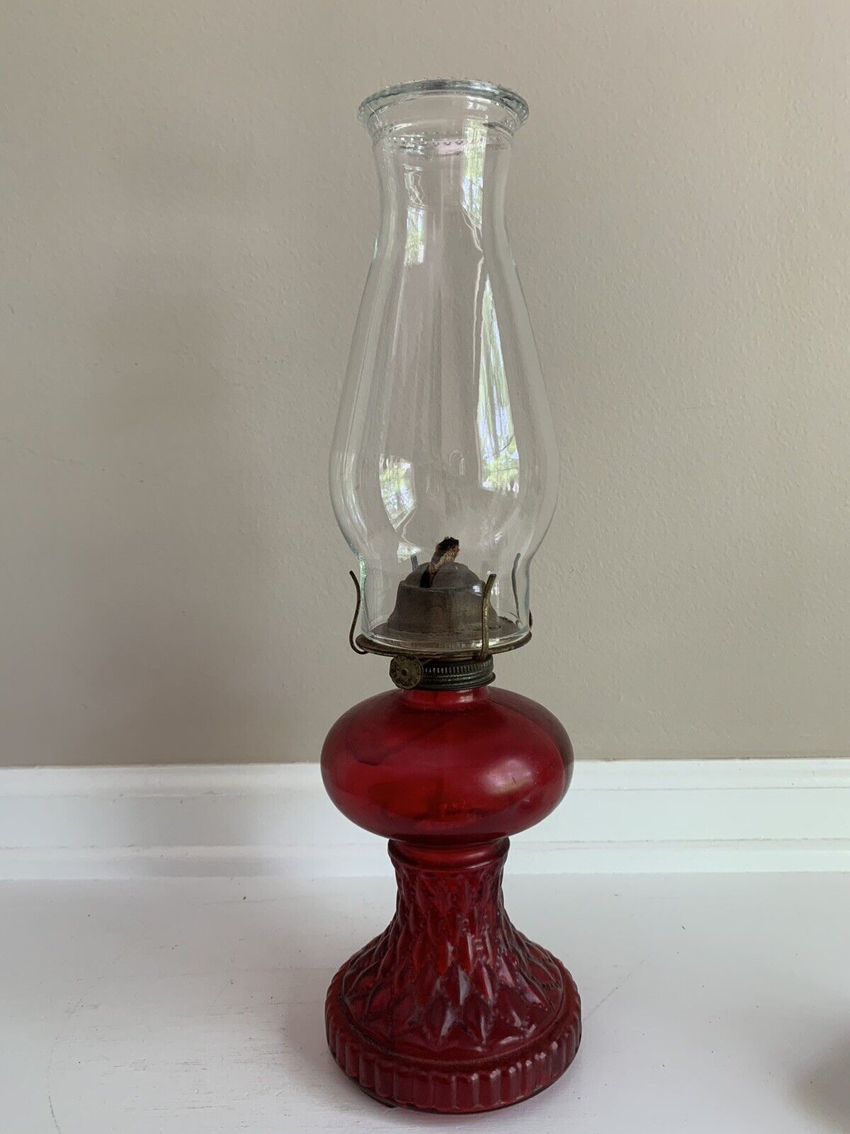 Vintage Red Diamond Quilted Depression Glass Oil Pedestal Oil Lamp 16”