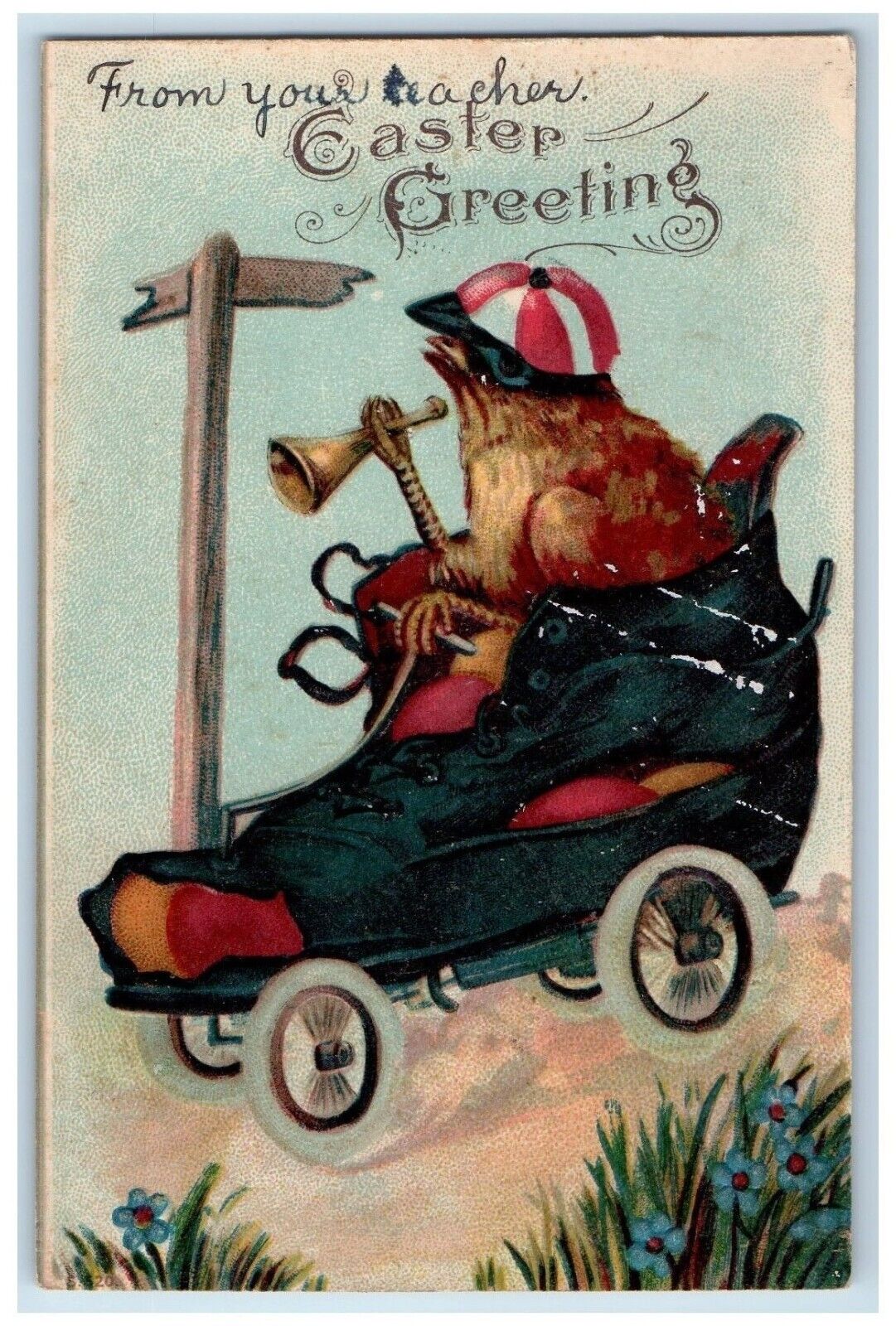 c1910's Easter Greeting Anthropomorphic Chick Driving Shoe Car Embossed Postcard