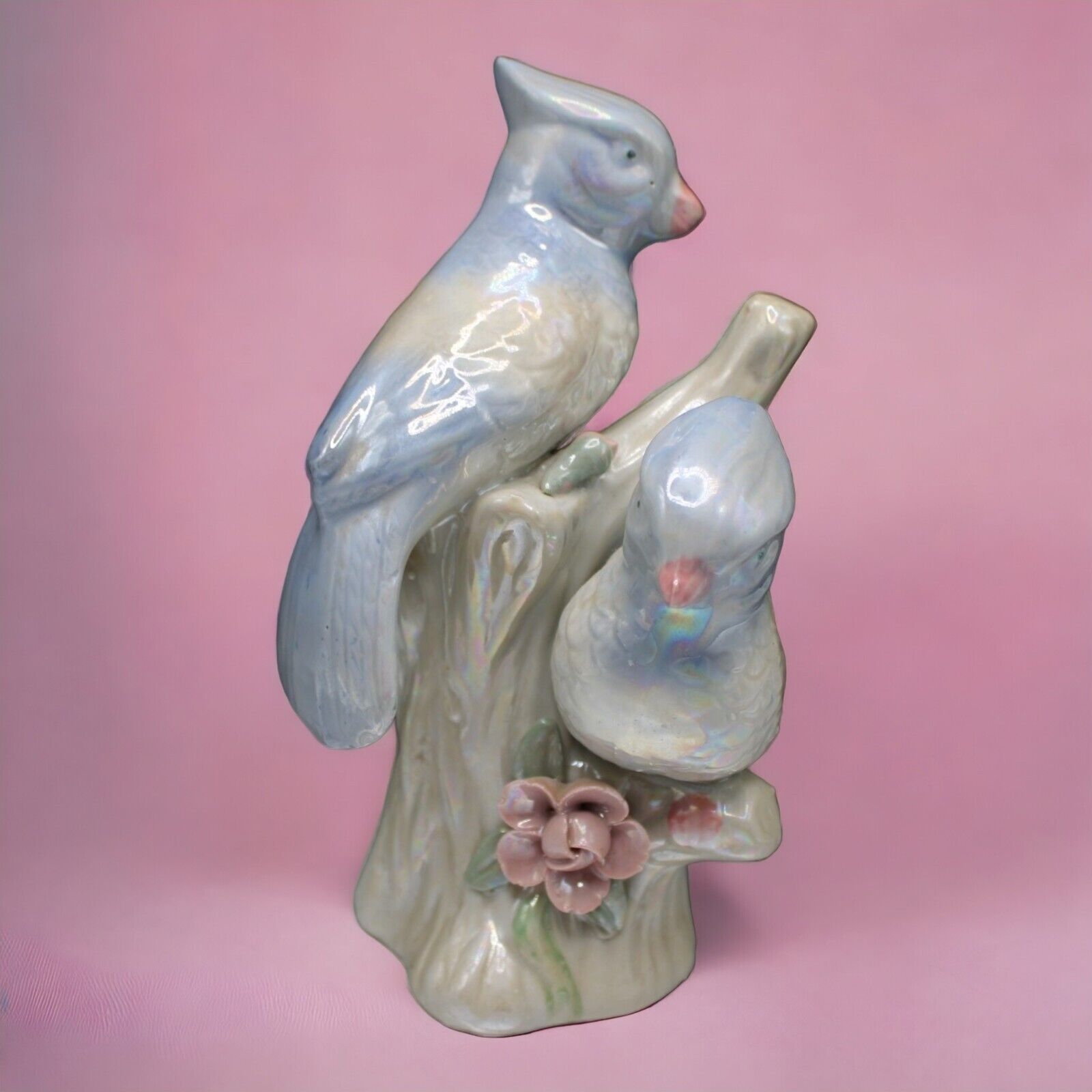 Vintage Iridescent Porcelain Lusterware Love Birds Figurine Pastel Blue Pink 
