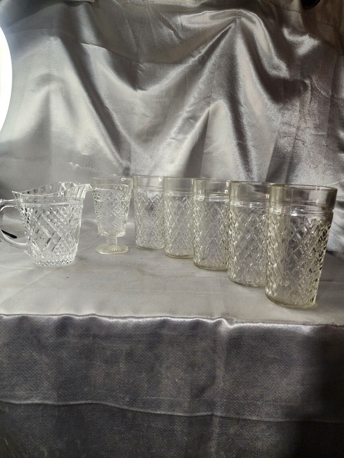 Vintage Diamond Cut Glasses With Pitcher