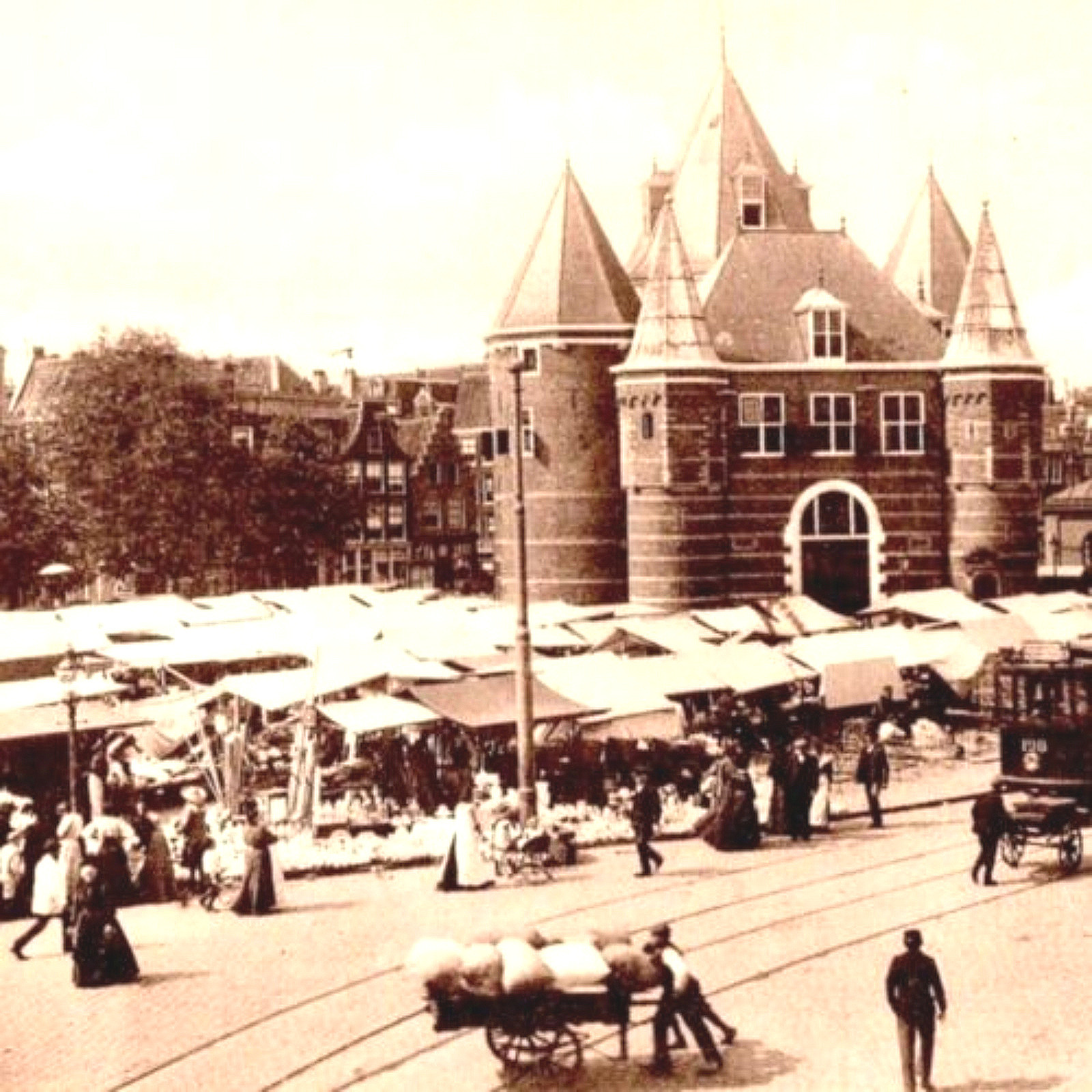Amsterdam Nieuwmarkt Birds Eye RPPC ca 1911 Outdoor Market Postcard Monorail