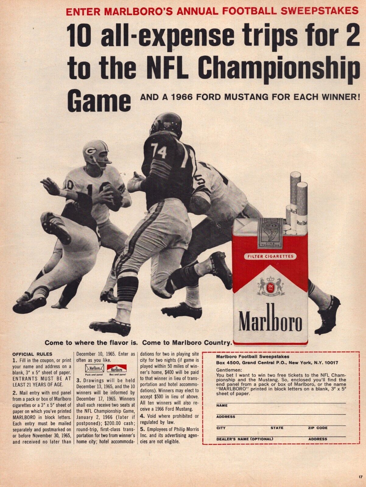 1965 Marlboro Cigarettes Print Ad NFL Championship Game Tickets Giveaway