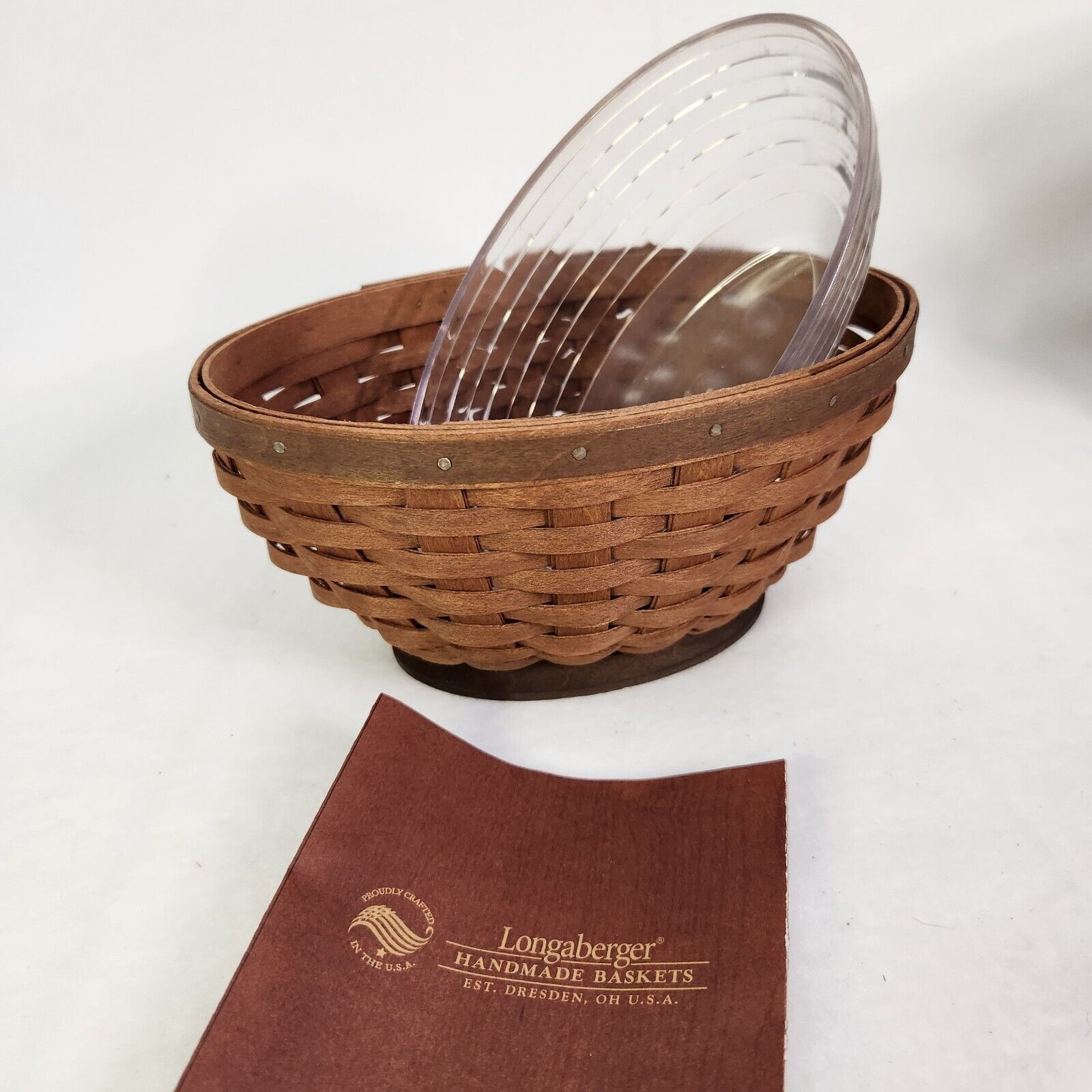 Longaberger 2002 Small Oval Bowl Basket & Protector Set Rich Brown Stain NOS
