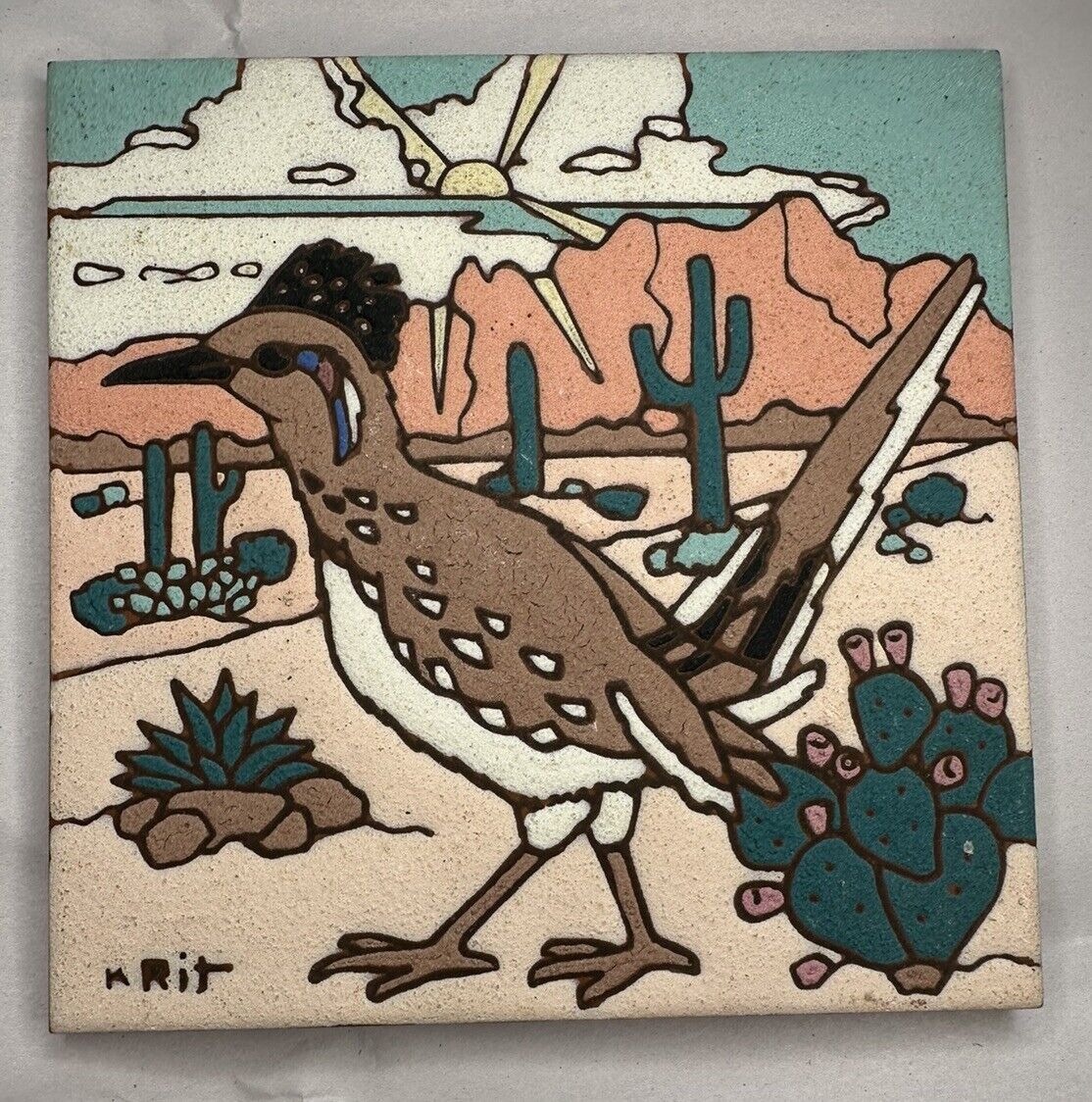 Vintage Southwestern Road Runner Kiln Fired Tile, Tucson AZ, Artist Signed, Art