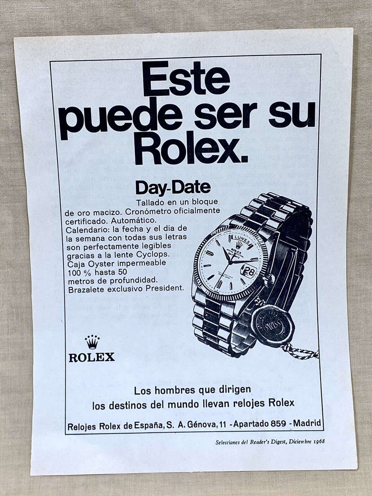ROLEX 1968 Brochure Advertisement Page Day-Date 1803 Gold 18kt Spanish Español /