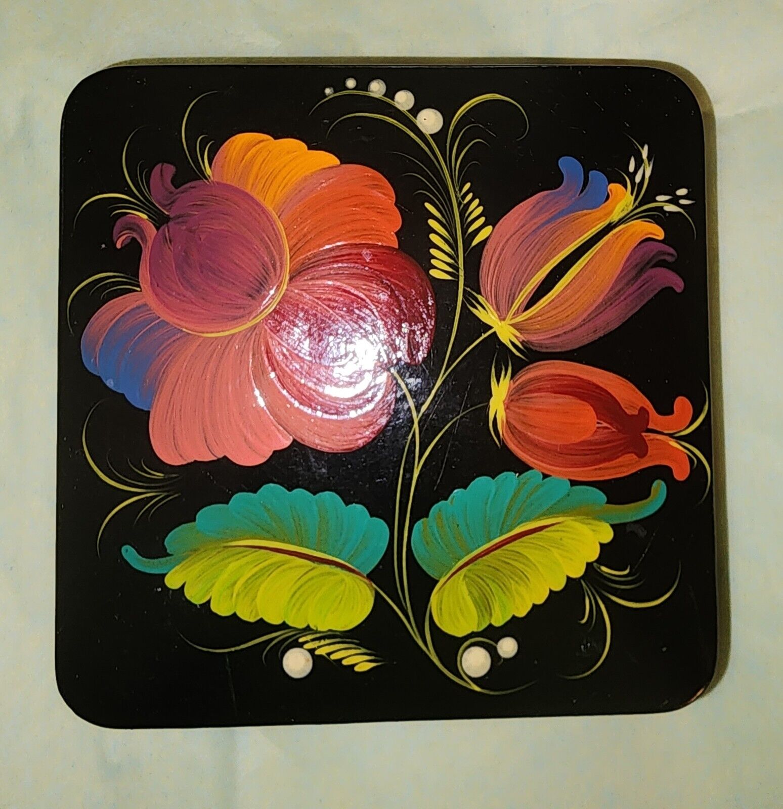 Beautiful Ukrainian Lacquered Hand Painted Floral Wooden Trinket Box