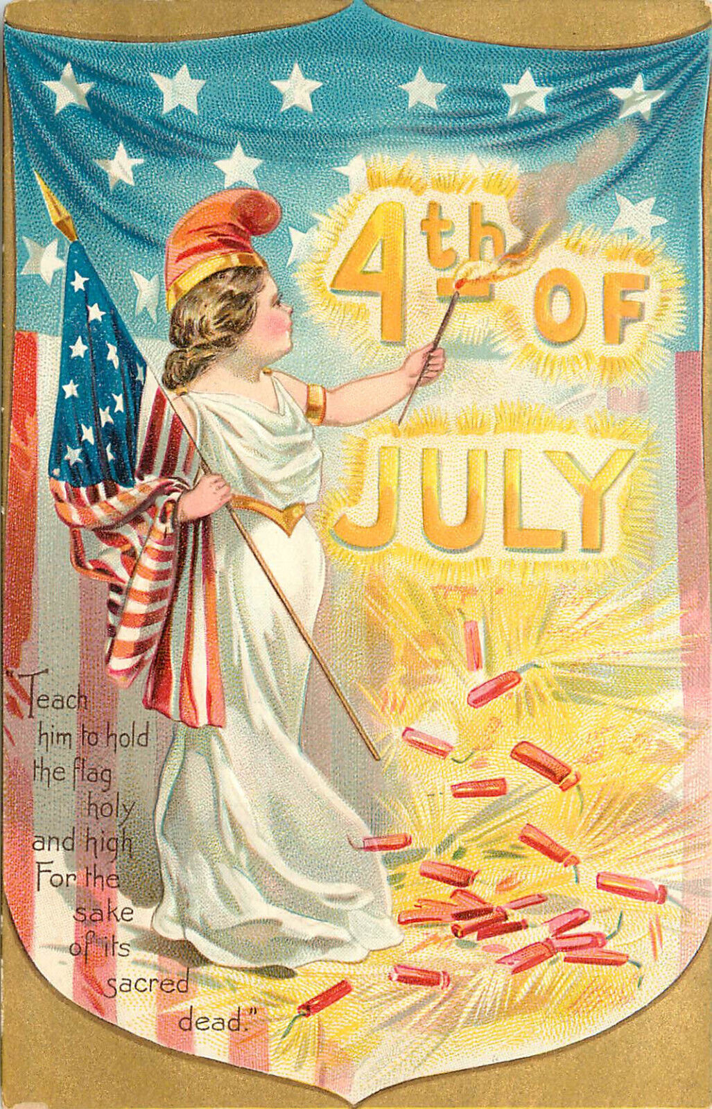Embossed Tuck Postcard 4th Of July Indepencence Day 109 Lady Liberty Firecracker