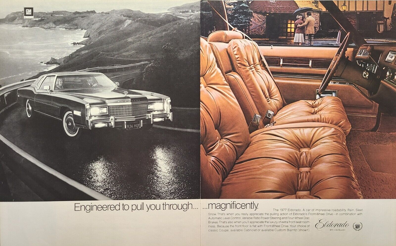 '77 Cadillac Eldorado Biarritz Coast Highway Tan Leather Vintage Print Ad 1977