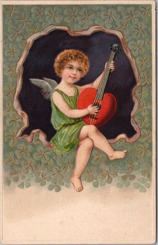 c1910s VALENTINE'S DAY Embossed Postcard Angel Cherub / Heart Guitar Mandolin