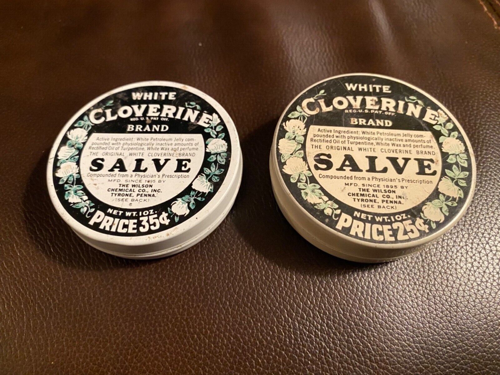 white cloverine salve tins 1 oz 25&35 cent wilson chemical co usa 2.5\