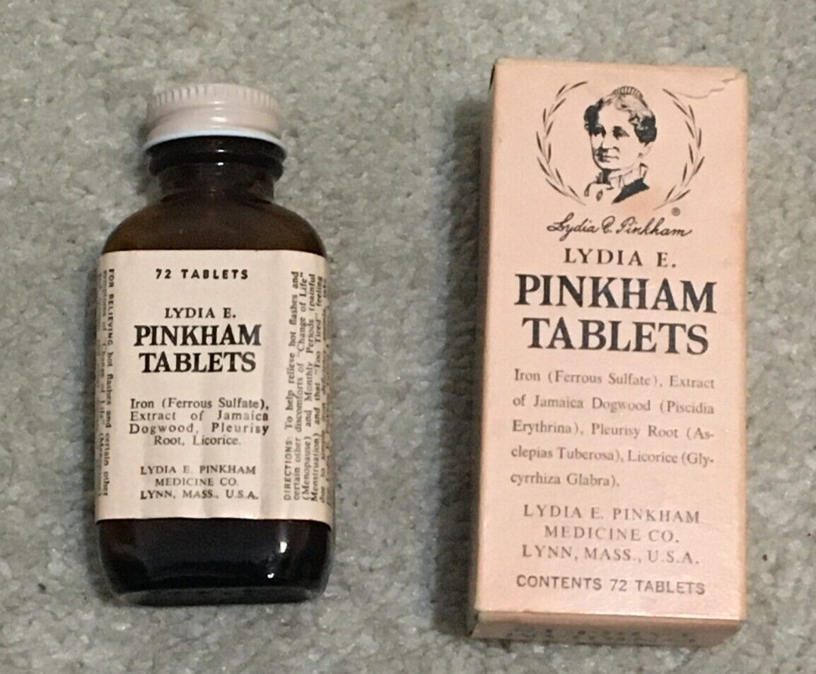 Vntg c1940's Lydia Pinkham Tablets Brown Glass Bottle W/Box, Brochure, Menopause