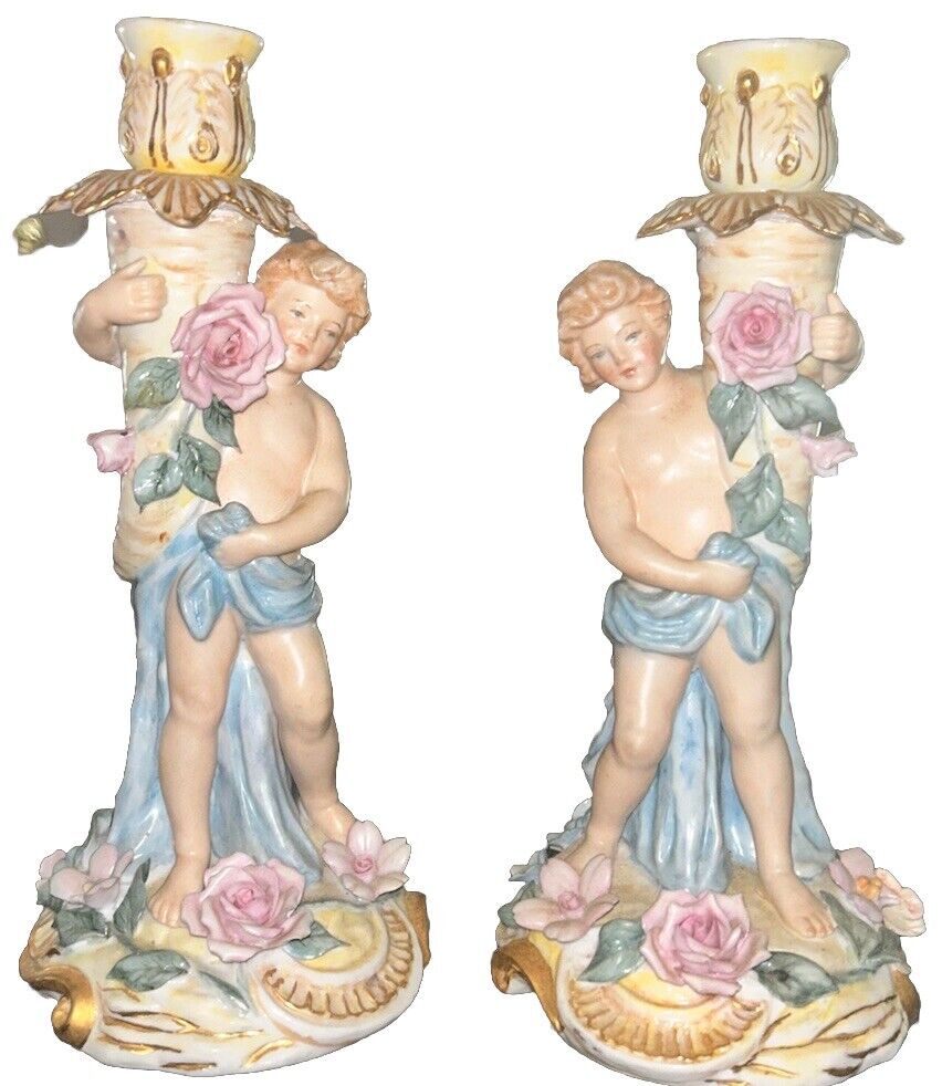Pair of Early Mark (1907-1927) Schierholz Flowered Cherub Candlesticks Antique