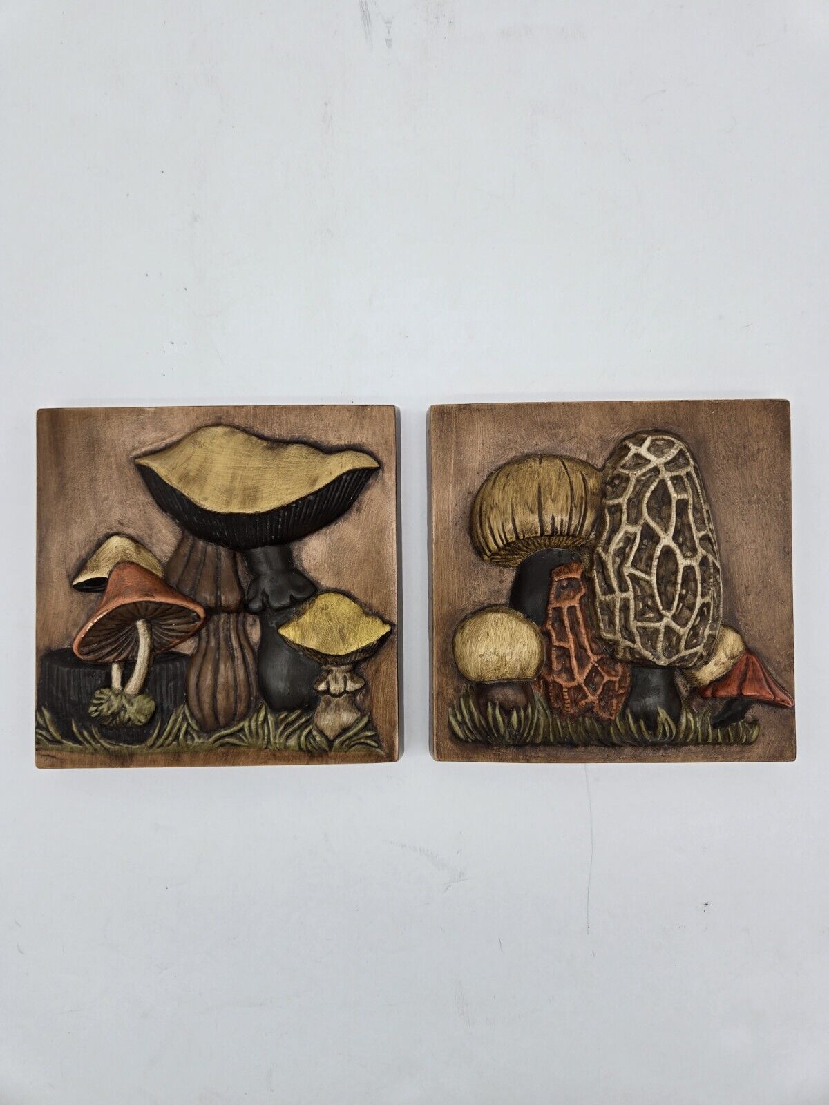 Vintage 1970s Ceramic 3D Mushroom Wall Plaques Handmade & Painted Set Of 2