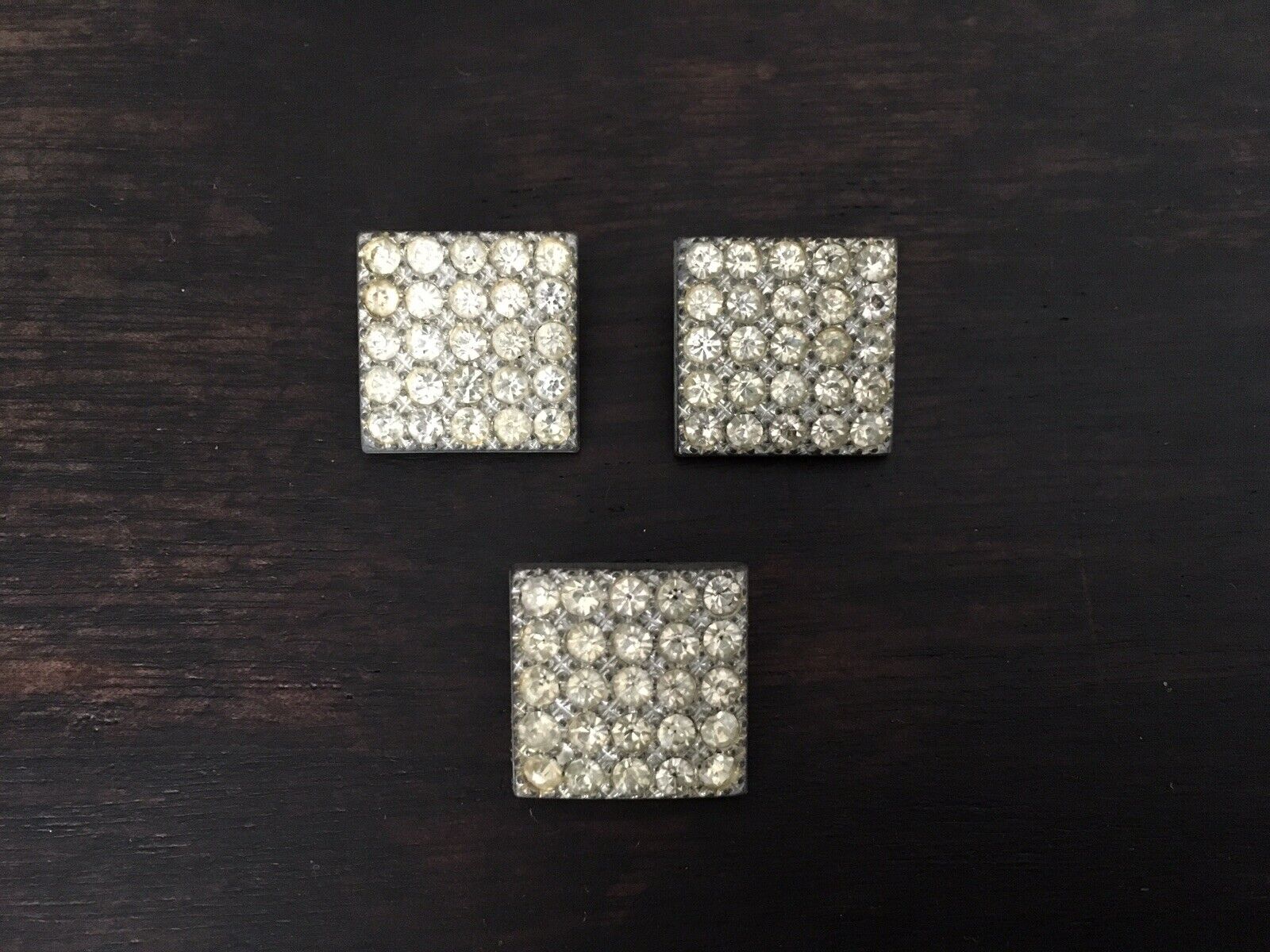 Set of 3 VTG 11/16” Square Pale Yellow Rhinestone Shank Buttons W/Metal Mounts