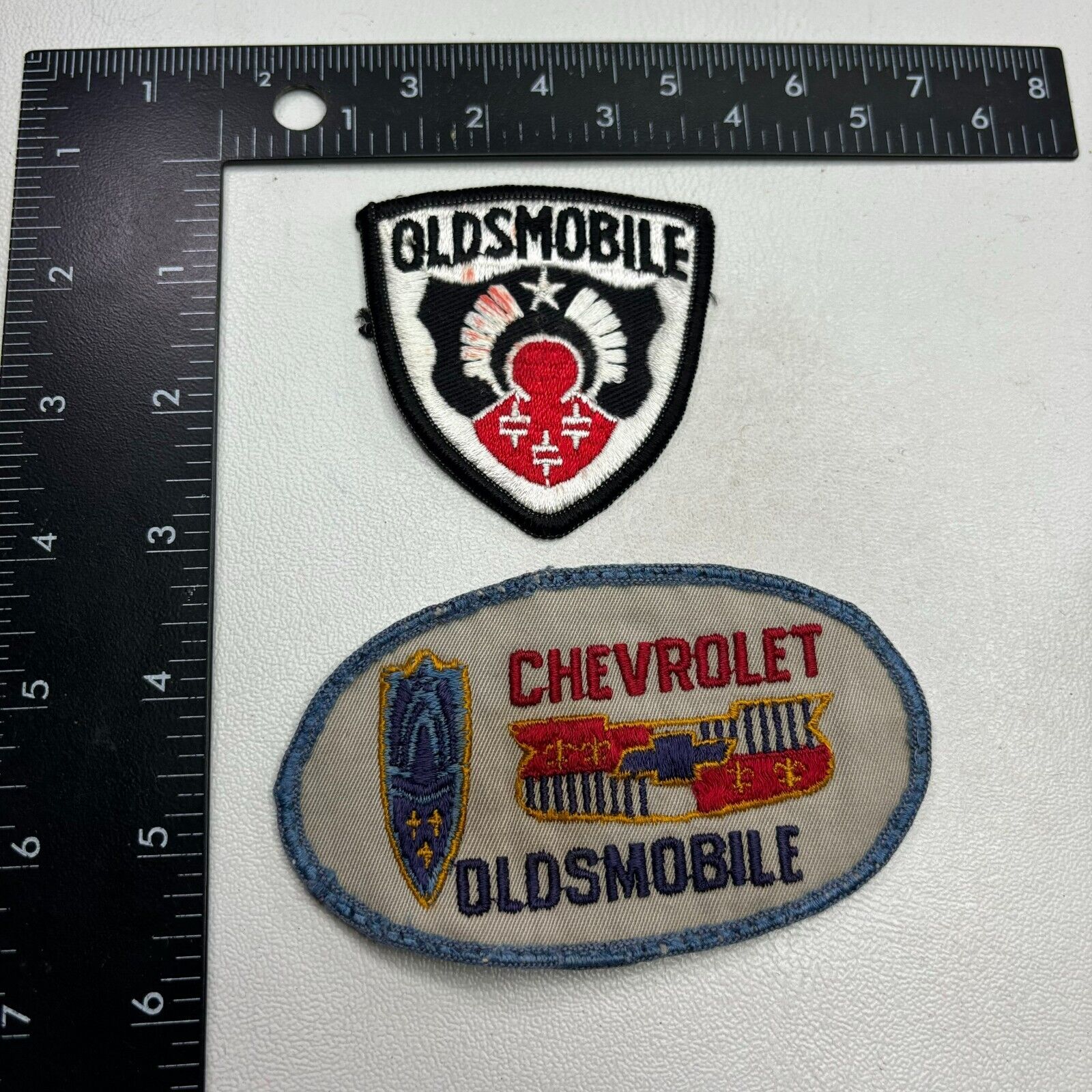 Vintage 2 Patches OLDSMOBILE Patch w/ Some Red Stain + CHEVROLET / OLDS Lot 00DX
