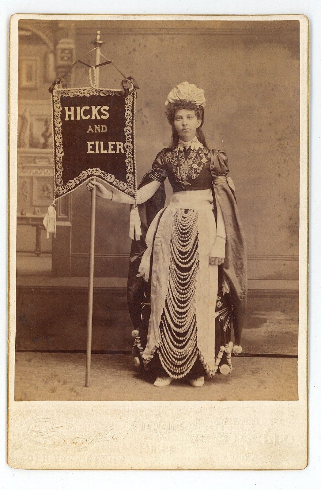 Antique c1890s Very Rare Cabinet Card Banner Lady Holding Sign Monticello, IA