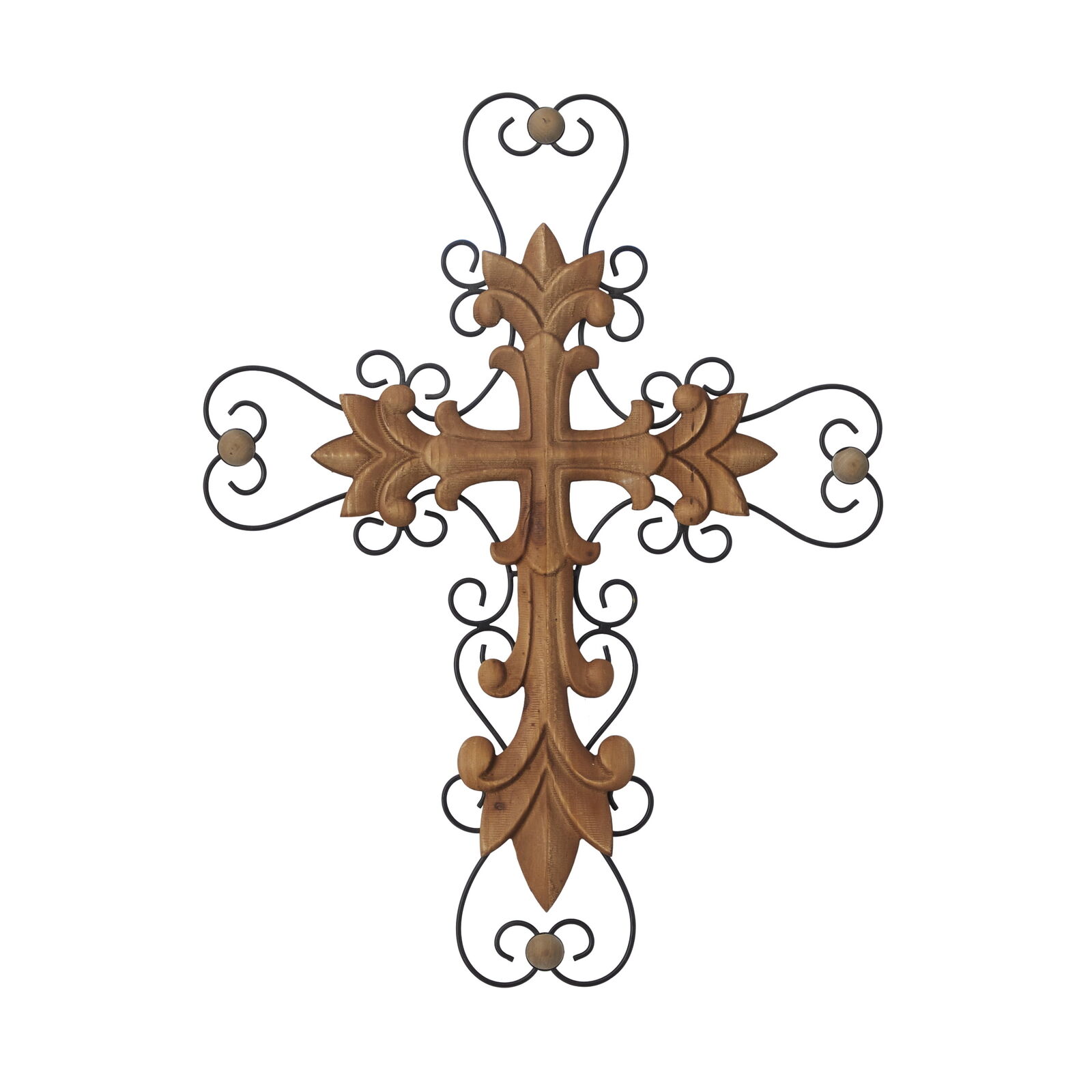 Brown Wood Carved Cross Wall Decor with Metal Scrollwork
