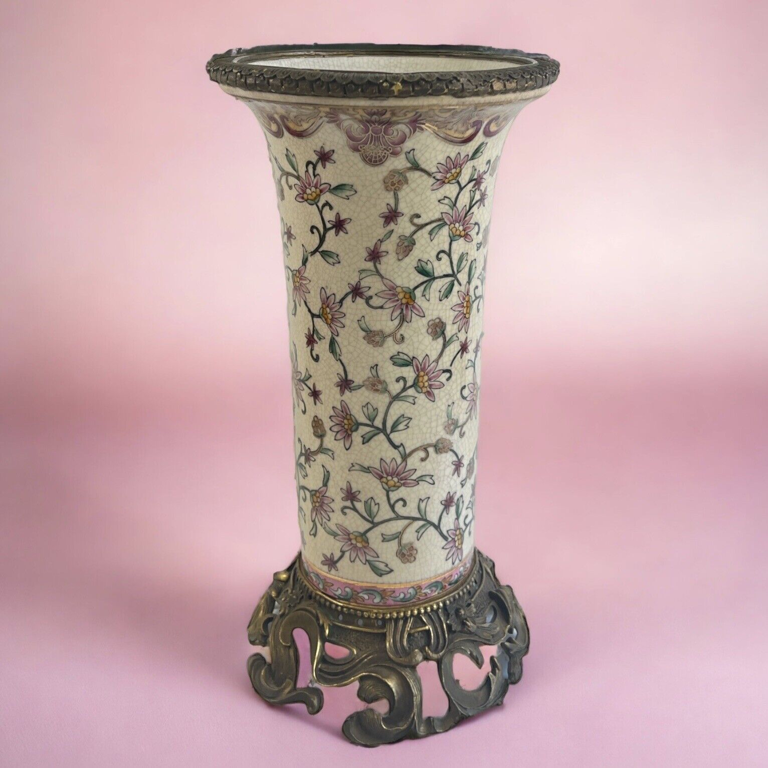 Mid Century Gilt Bronze Mounted Chinese Vase Crackle Handmade Floral Porcelain