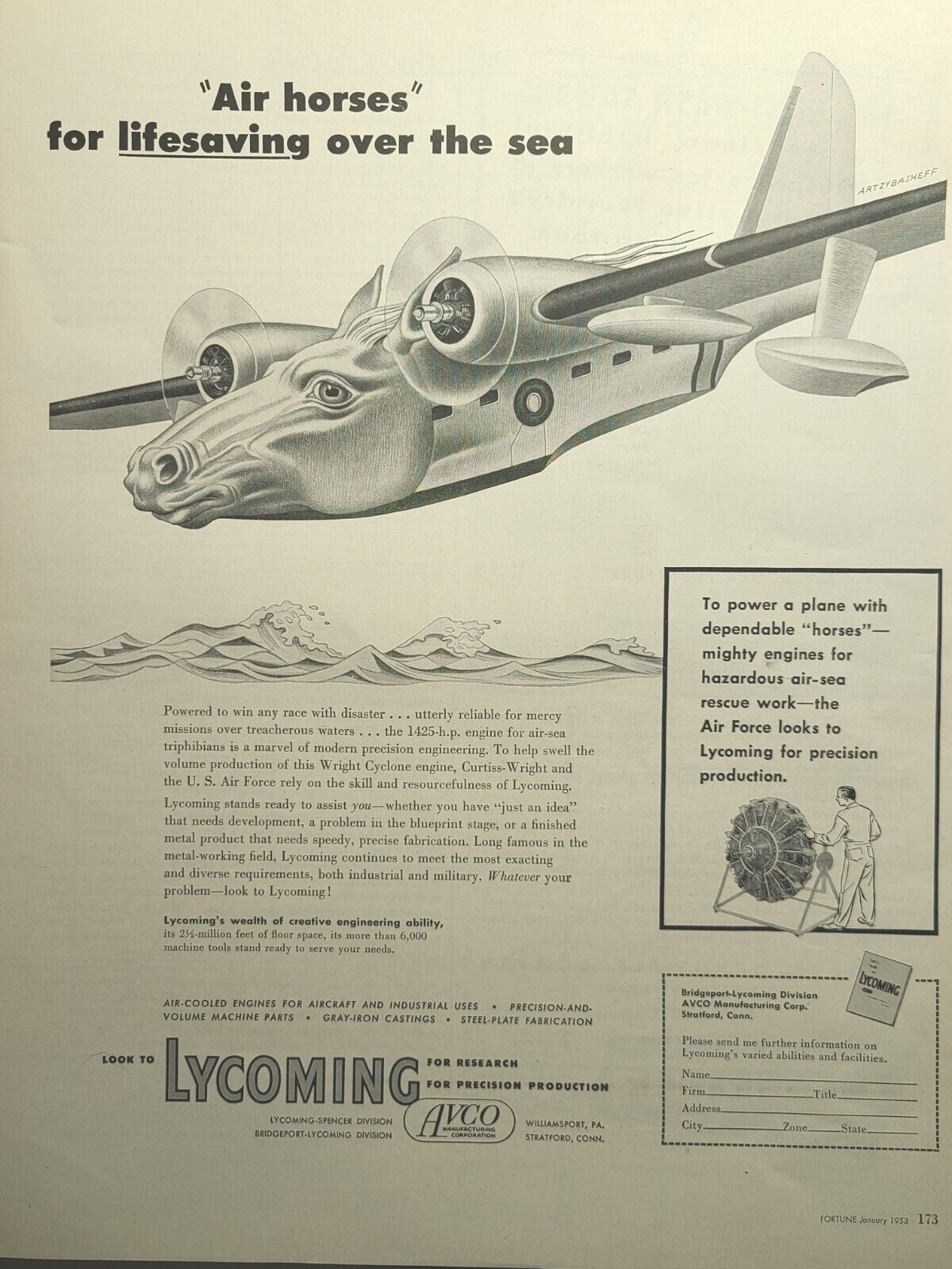 Lycoming Aircraft Engines Williamsport PA Stratford CT Vintage Print Ad 1953