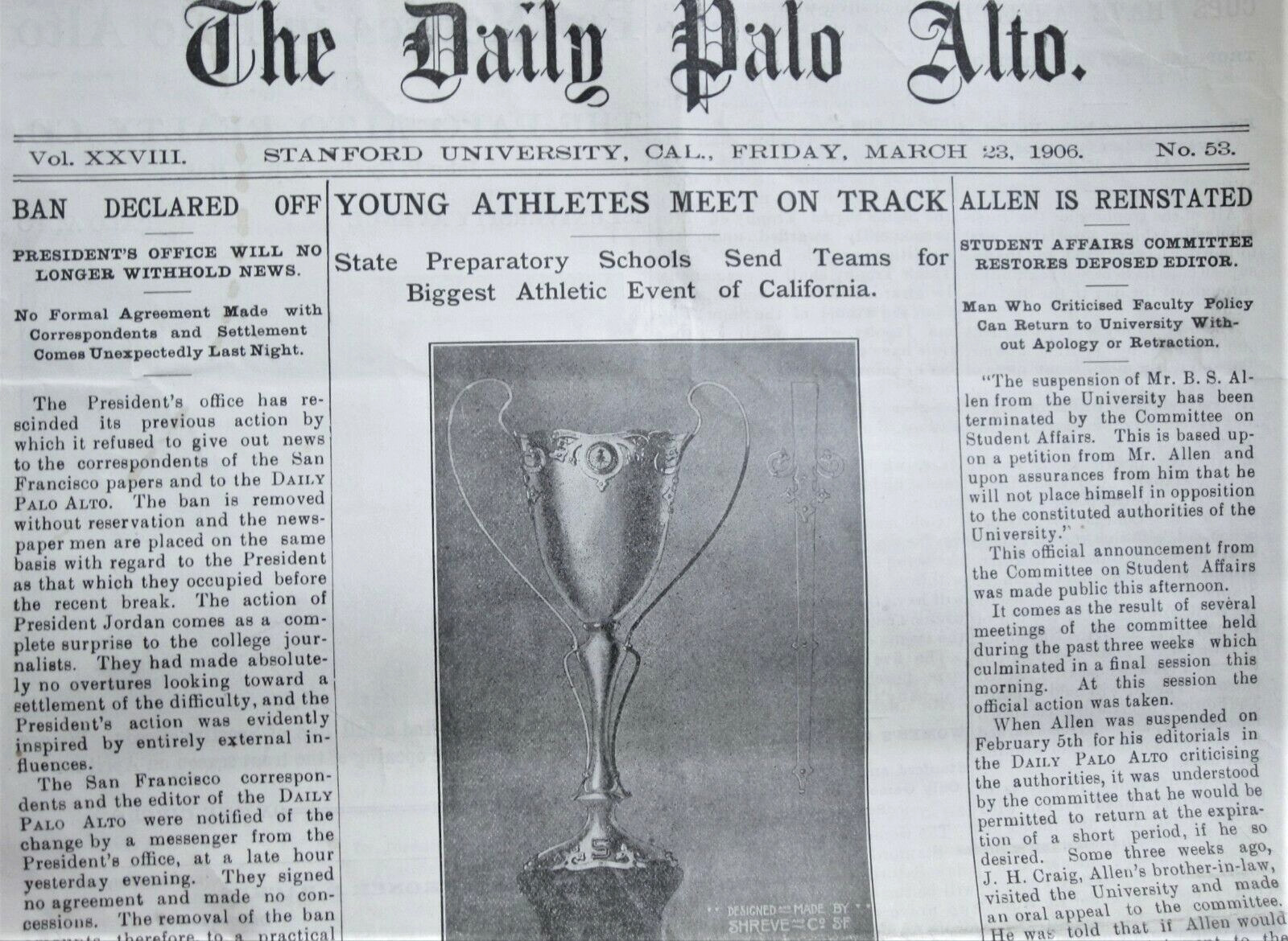 Stanford University Cup  1906 Prep Track Meet  orig Daily Palo Alto Newspaper