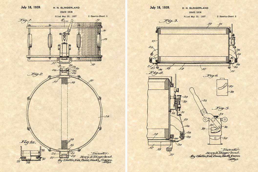 1939 SLINGERLAND RADIO KING SNARE DRUM Patent Art Print READY TO FRAME