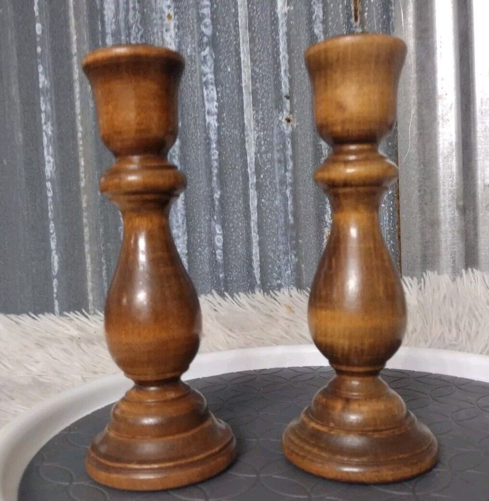 Vintage Wooden Taper Candle Holders, Set of Two, Farmhouse Boho Style