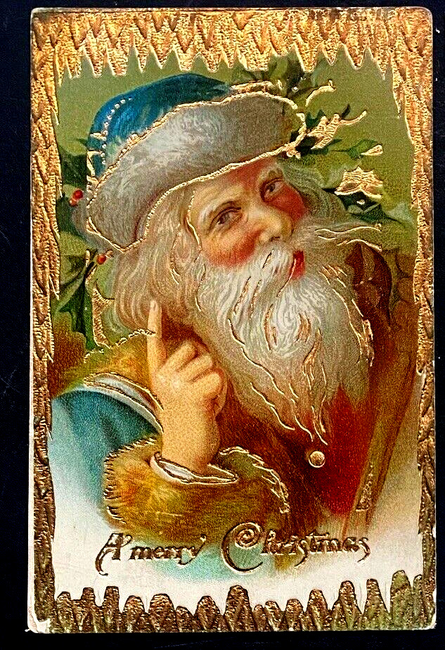 Full Face~Blue Robe Santa Claus~Antique Gel Embossed Christmas Postcard~k242