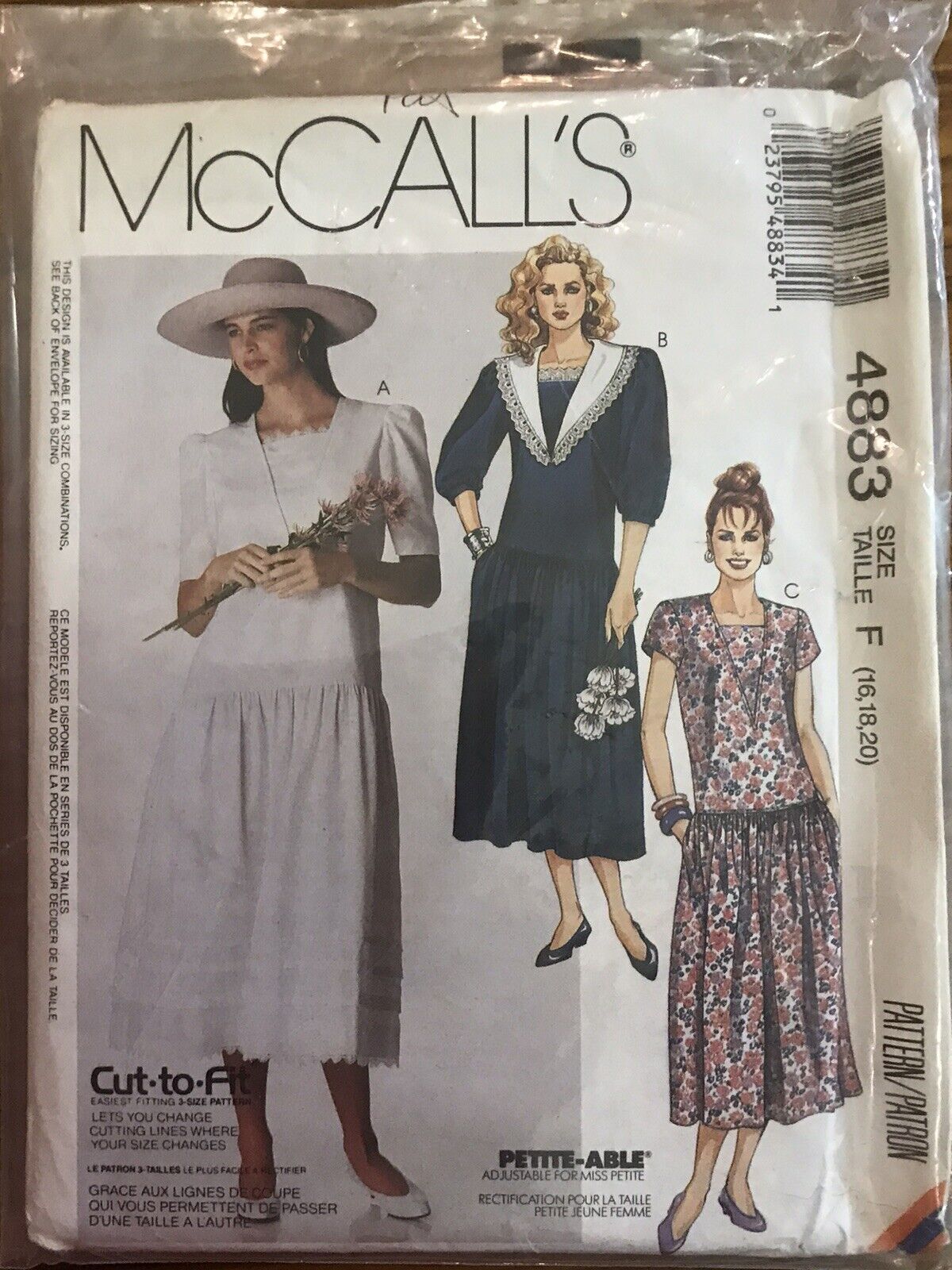 McCalls 4883 Misses Dress, Petit-Able, Cut To Fit, Size F 16-20, 1990
