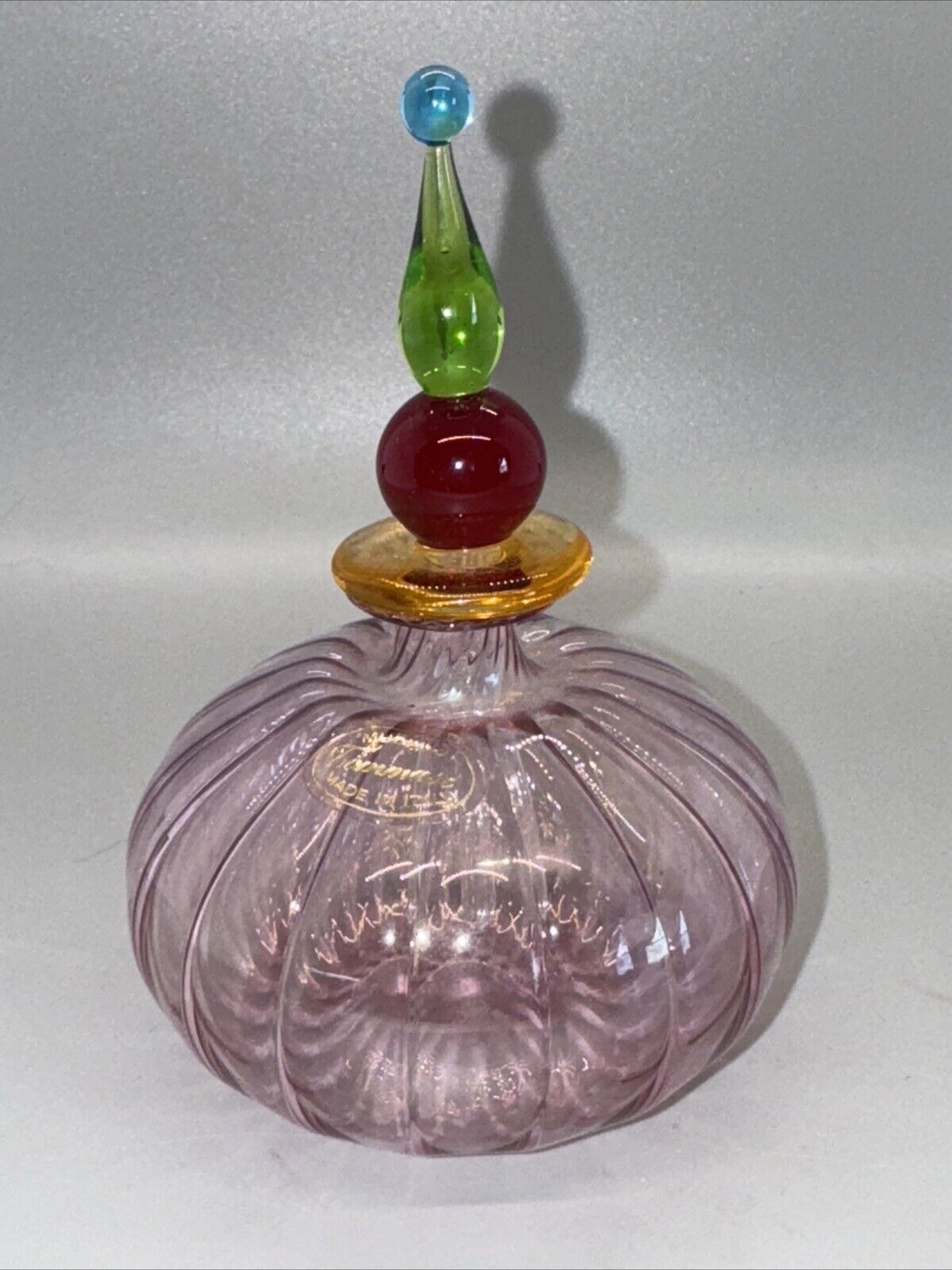 VTG Murano Tommasi Pink Perfume Bottle With Red/Green/Blue Stopper