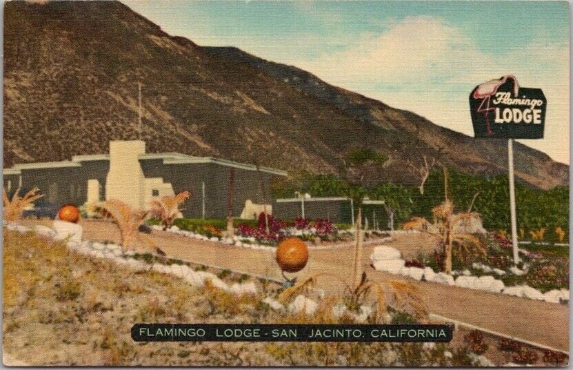 SAN JACINTO, California Postcard FLAMINGO LODGE Highway 1 Roadside Linen c1950s