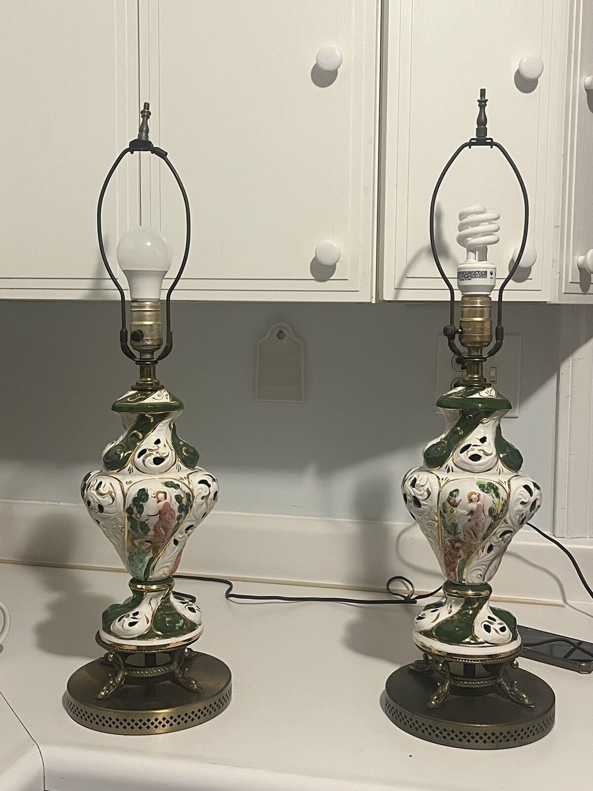 Vintage Pair Capodimonte Porcelain Gold Hand Painted Italian Women Lamps