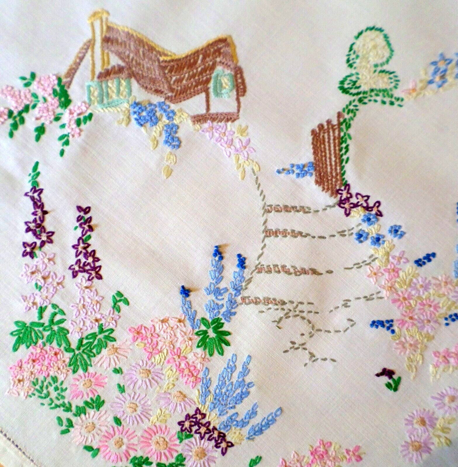 Gorgeous VINTAGE Tablecloth COUNTRY COTTAGE Hand Embroidered GARDEN Floral