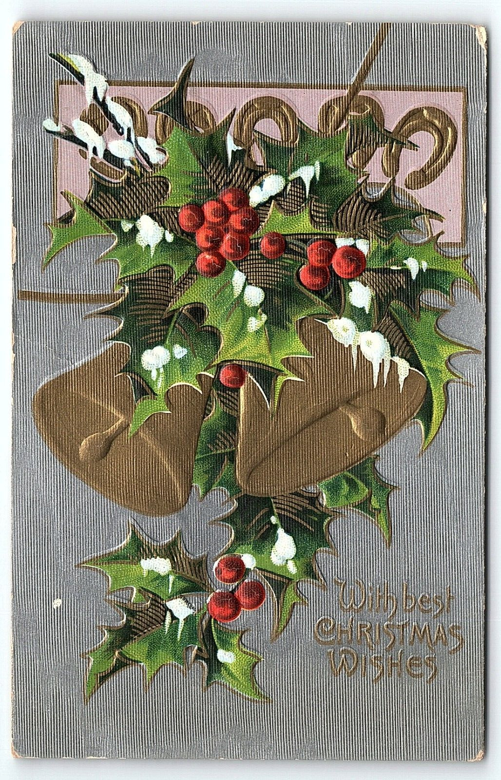 c1910 SELLERSVILLE PA BEST CHRISTMAS WISHES EMBOSSED BELLS HOLLY POSTCARD P4577