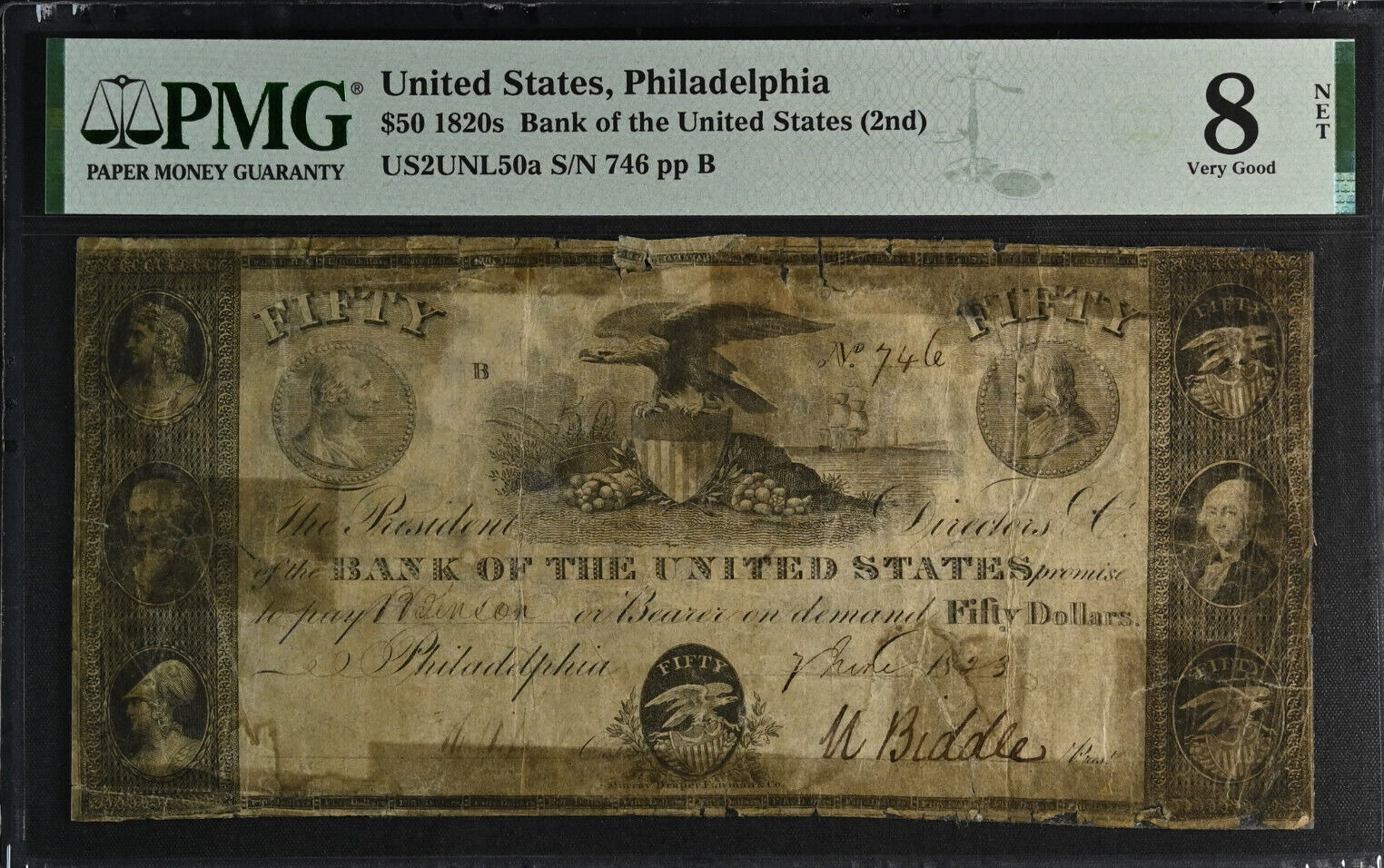1823 $50 Bank of the United States, Philadelphia, PA-PMG 8 Only Genuine Survivor