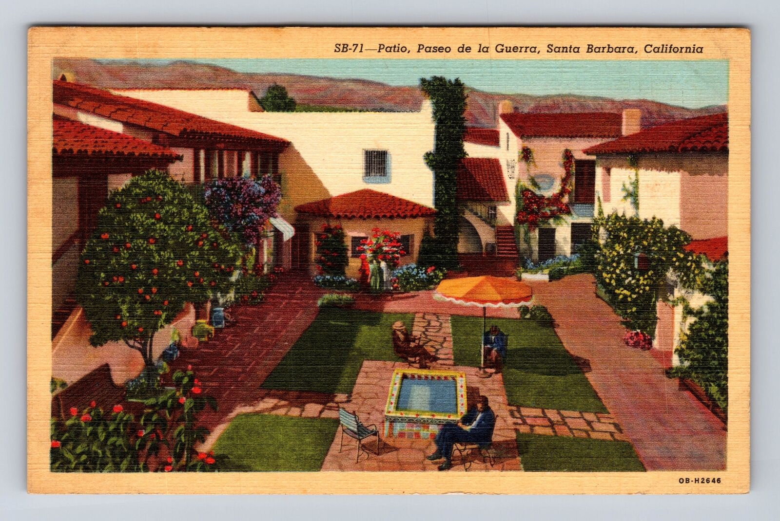 Santa Barbara CA-California, Patio, Paseo de la Guerra, Vintage Postcard