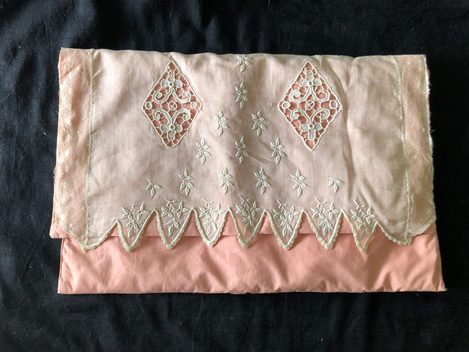 Antique French Pale Peach Embroidery Hand Lawn Cotton Lace Lingerie Case c1900s