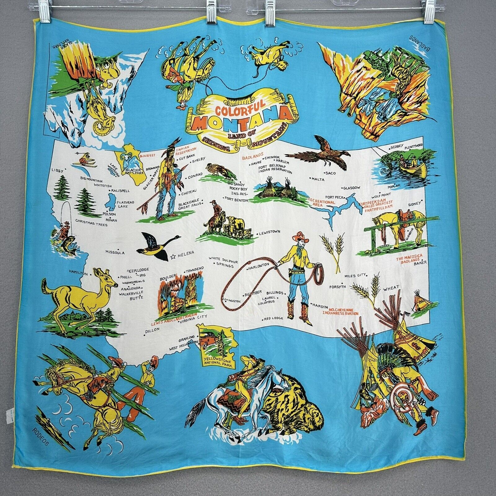 VTG 1950s Colorful Montana Scarf Tapestry 28” Cowboy Native American Outdoor USA