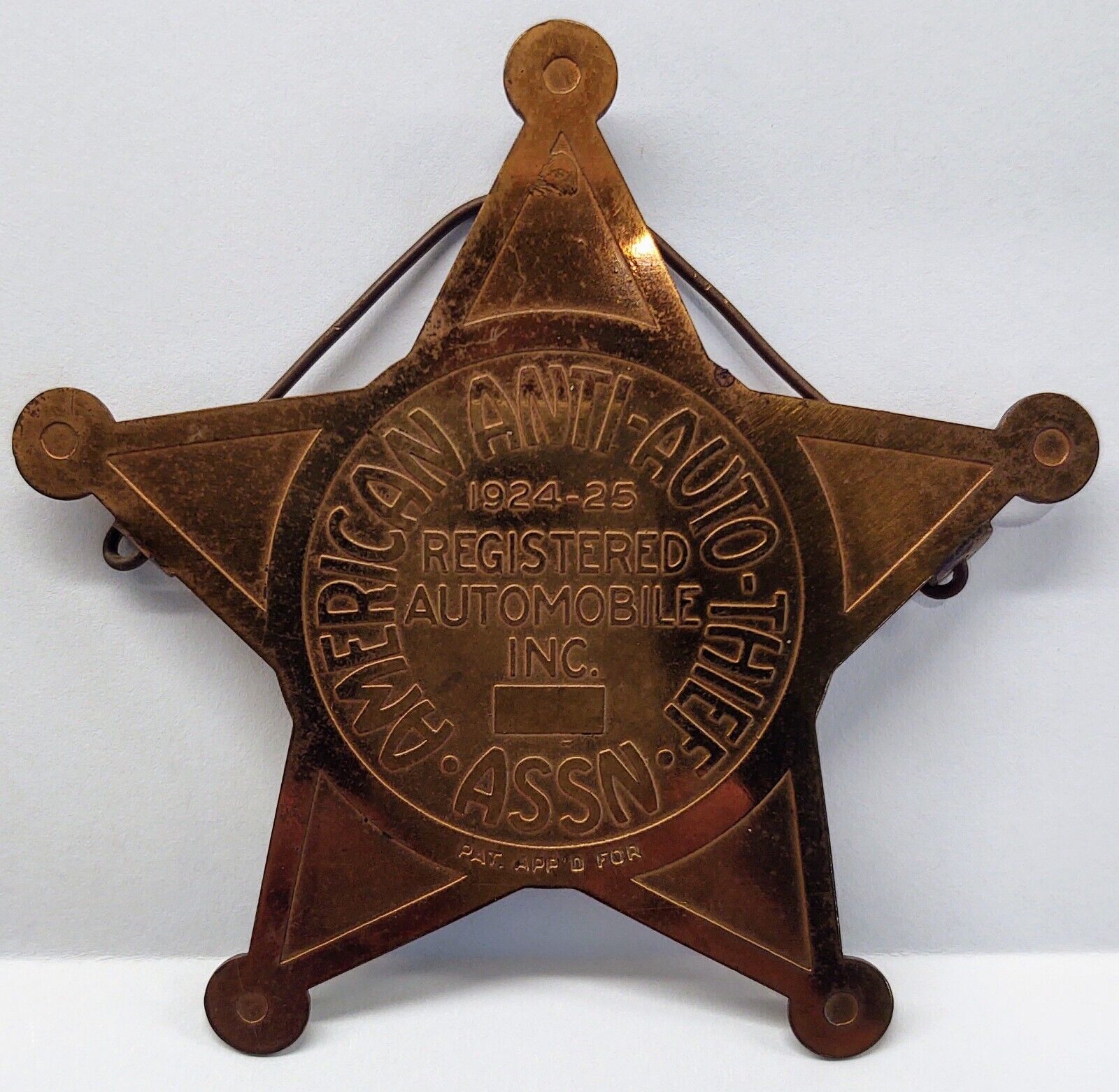 1924 - 25 Vintage American Anti Auto Thief Assn Star Hanging Badge Kansas? RARE
