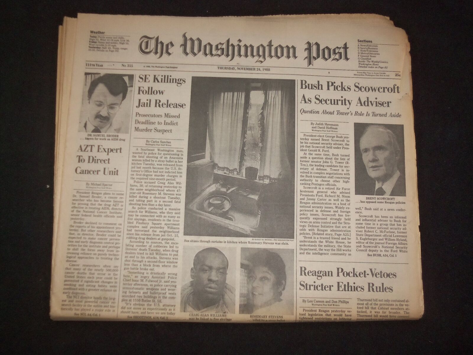 1988 NOV 22 WASHINGTON POST NEWSPAPER - BUSH PICKS SCOWCROFT ADVISOR - NP 8314