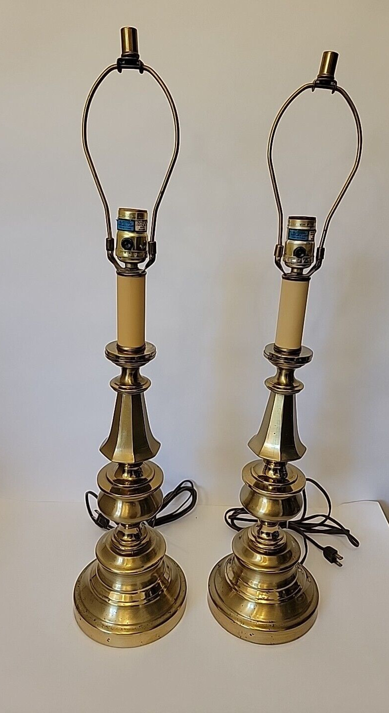 Vintage Pair Leviton Tall Brass Lamps MCM Mid Century Table Lamp Corded 27.5