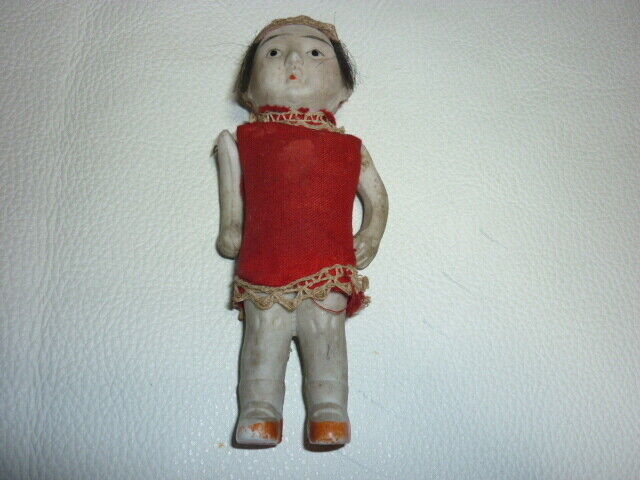 Adorable 1930s All Bisque Doll Red Dress w/ Movable Arms Vintage Kikumaru
