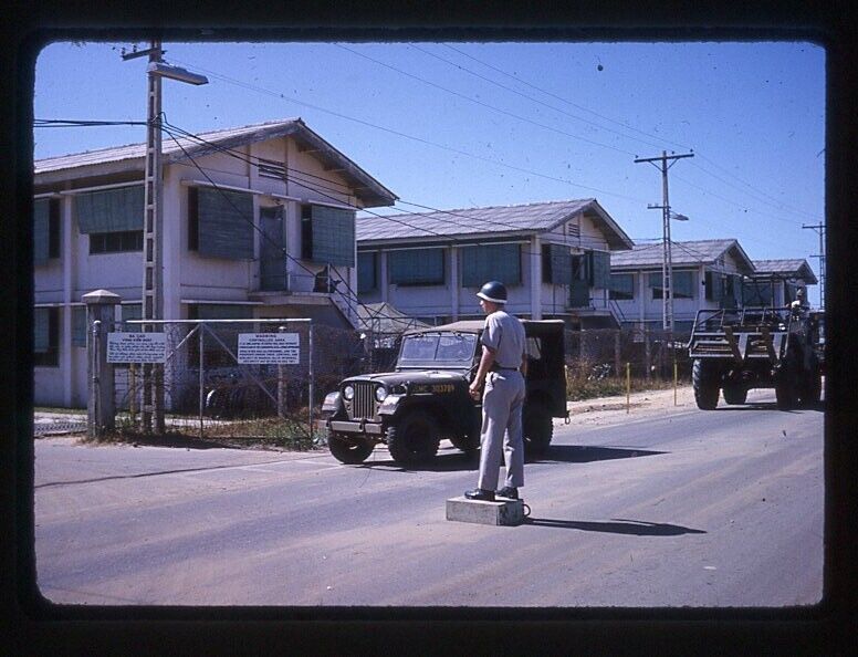 MP Military Police Directing Traffic Jeep Vietnam War 1966 Slide Photo