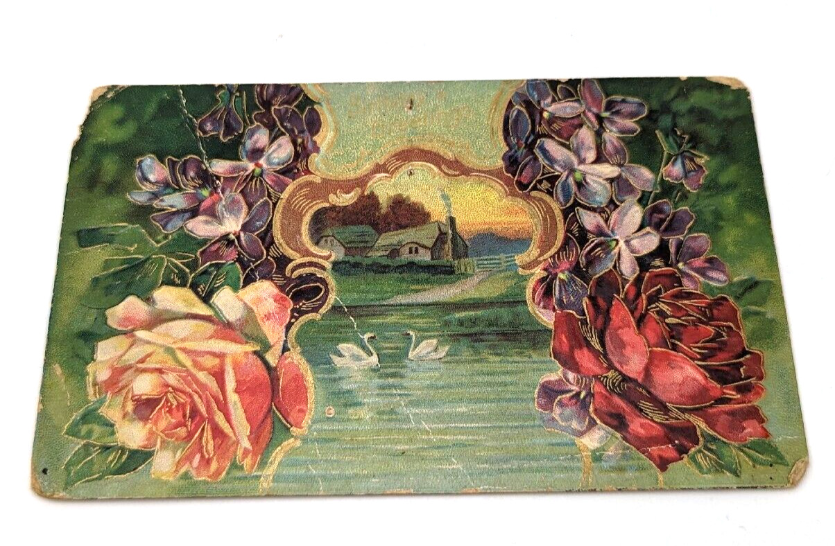 Antique 1909 Embossed Color Birthday Greetings Post Card Swan Rose #1D