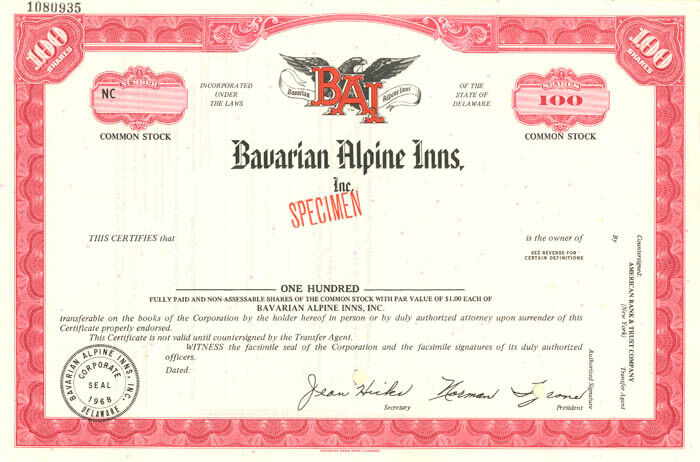 Bavarian Alpine Inns, Inc. - Specimen Stocks & Bonds