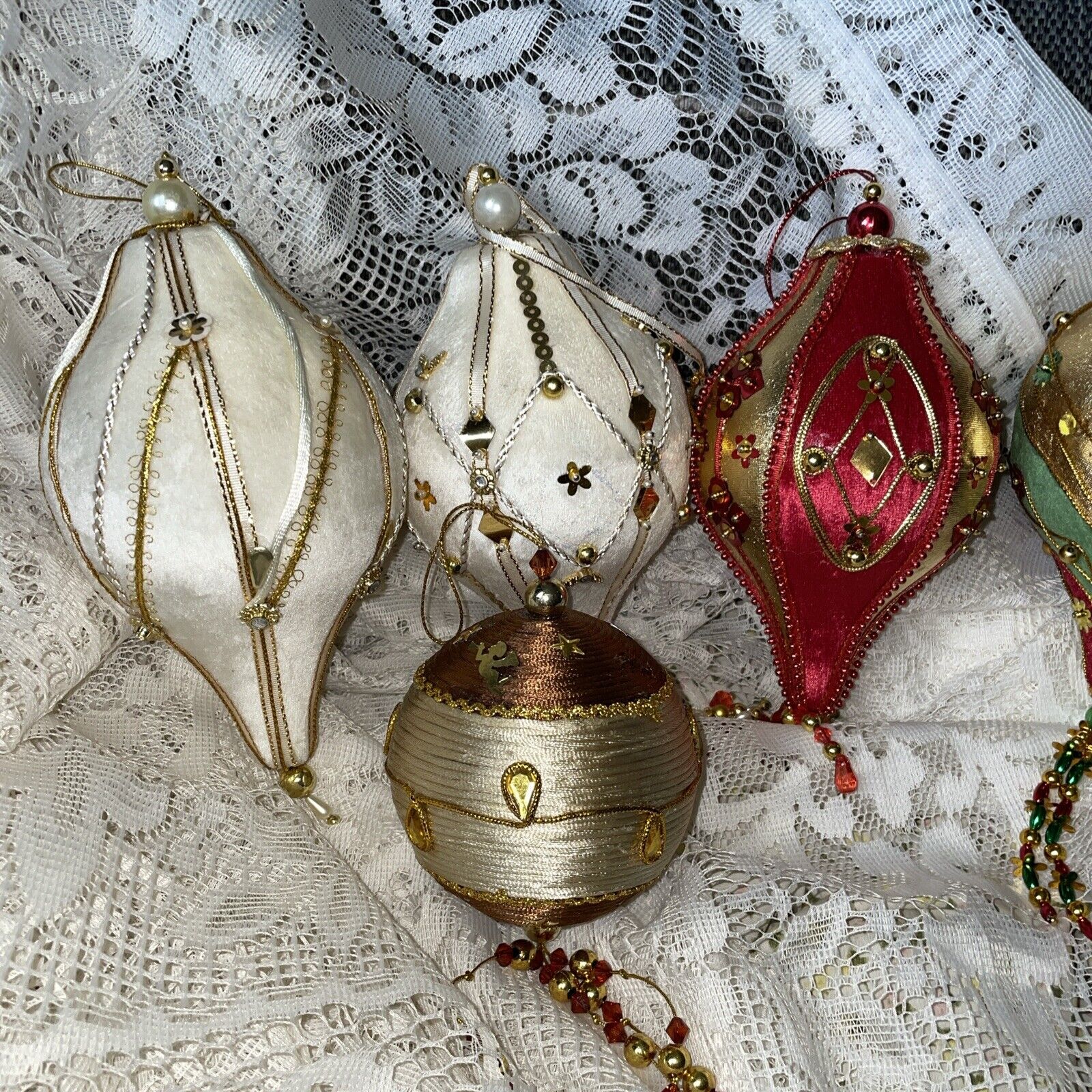 Vintage Handmade Push Pin Beaded Sequin Christmas  Ornaments Silk Felt Satin 6”