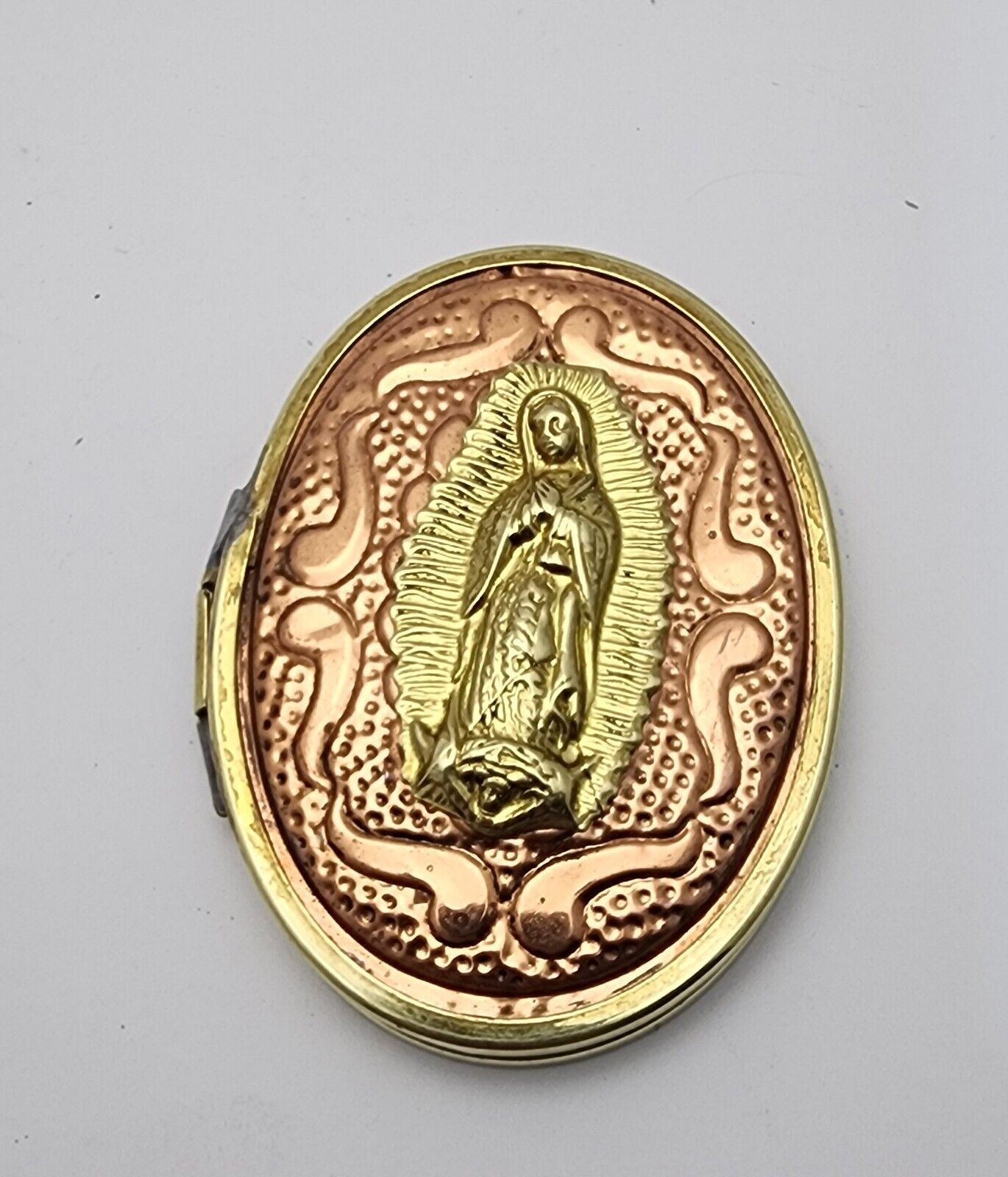 Antique or Vintage Bi Folding Compact Mirror Copper Brass Repousse Virgin Mary