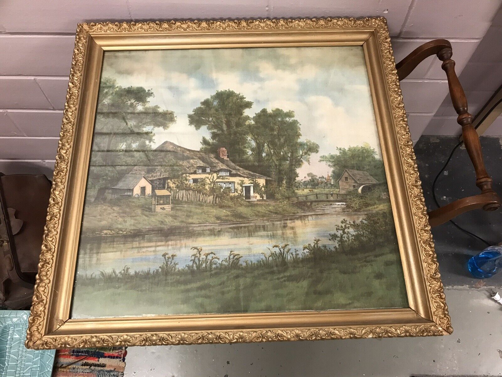 ANTIQUE VTG BEAUTIFUL SQUARE GOLD GESSO FRAMED COUNTRY COTTAGE SCENE 26 1/4”