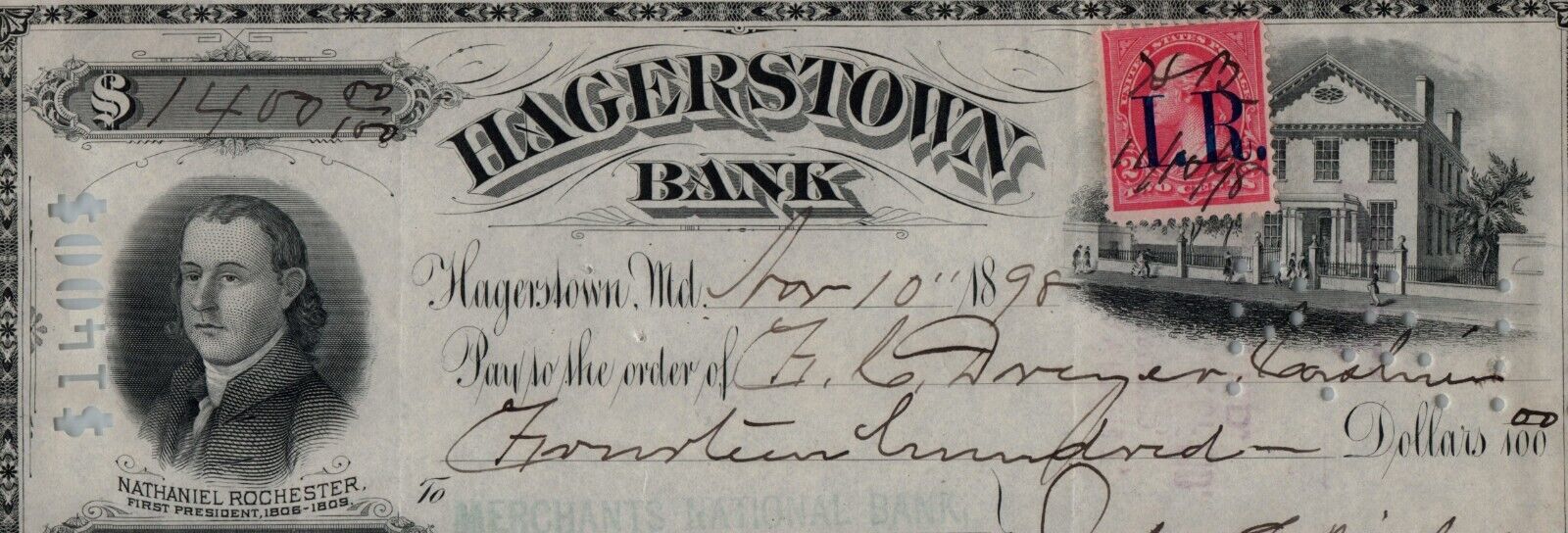 Vintage 1898 Bank Check Cheque HAGERSTOWN BANK Maryland with Revenue Stamp