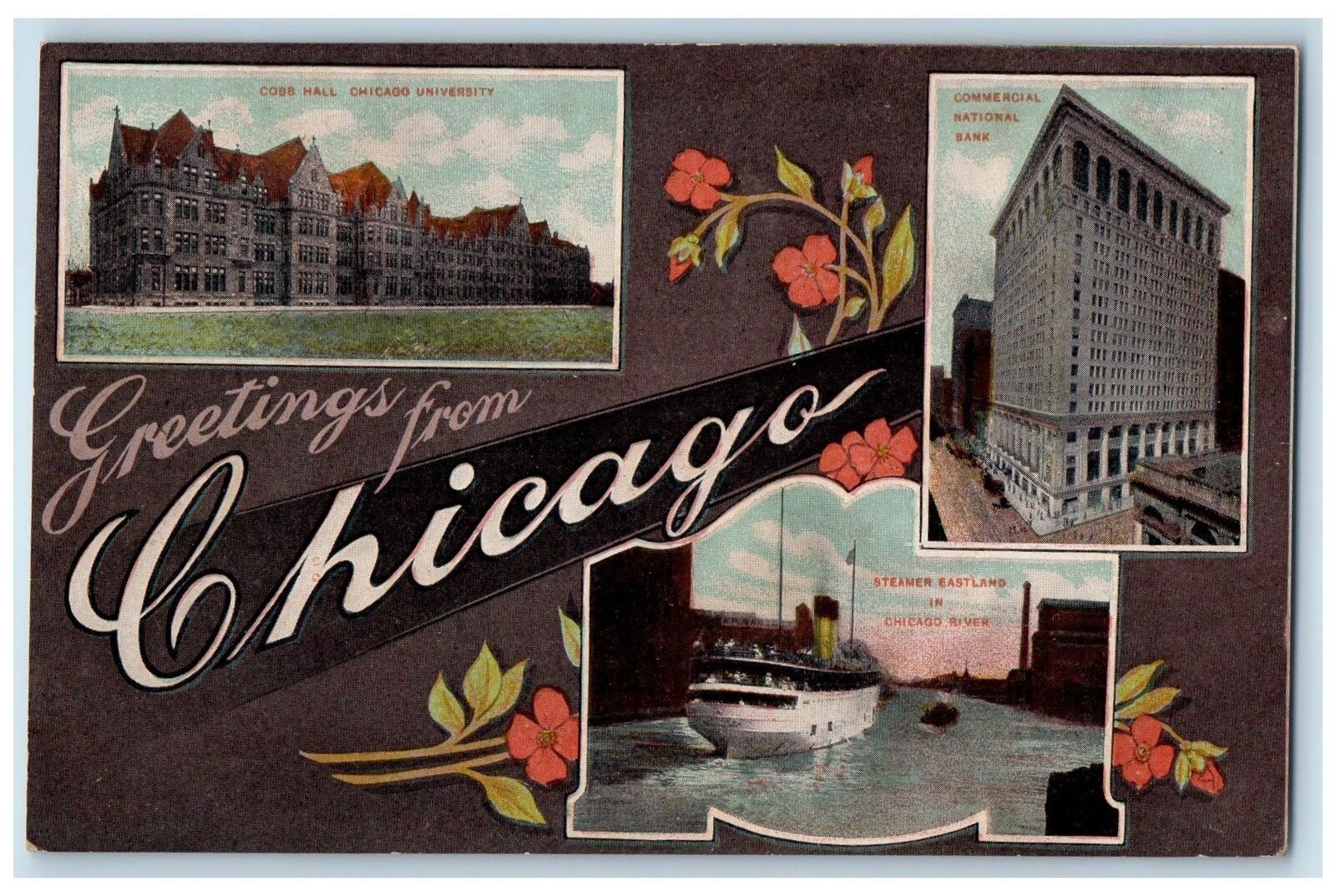 c1910\'s  Greetings From Chicago Cobb Hall Steamer Eastland Chicago IL Postcard